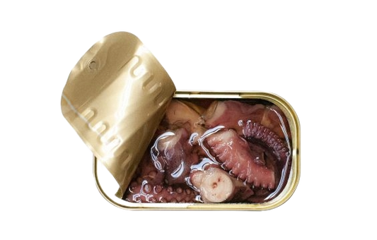 Aštrus aštuonkojis alyvuogių aliejuje atidarytoje skardinėje