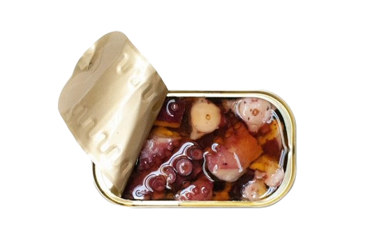 Aštuonkojis alyvuogių aliejuje su česnaku atidarytoje skardinėje