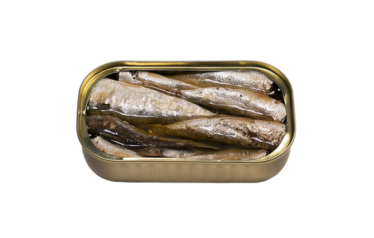 Rūkytos mažos sardinės ekstra pirmo spaudimo alyvuogių aliejuje atidarytoje skardinėje